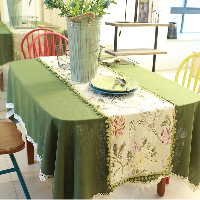 

European style pastoral dining table long fringed cover cloth American coffee table side cabinet flower table runner