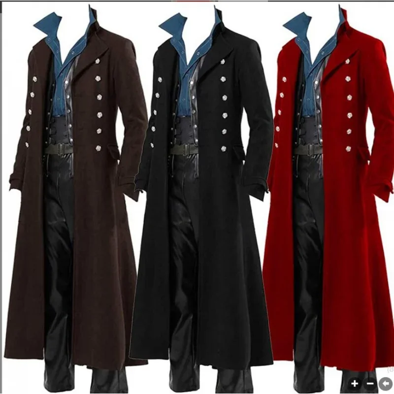 

2022 Vintage Medieval Costumes Steampunk Gothic Black Long Jacket Coat Vampire Cosplay Pirate Halloween Outfit Men's Trenchcoat