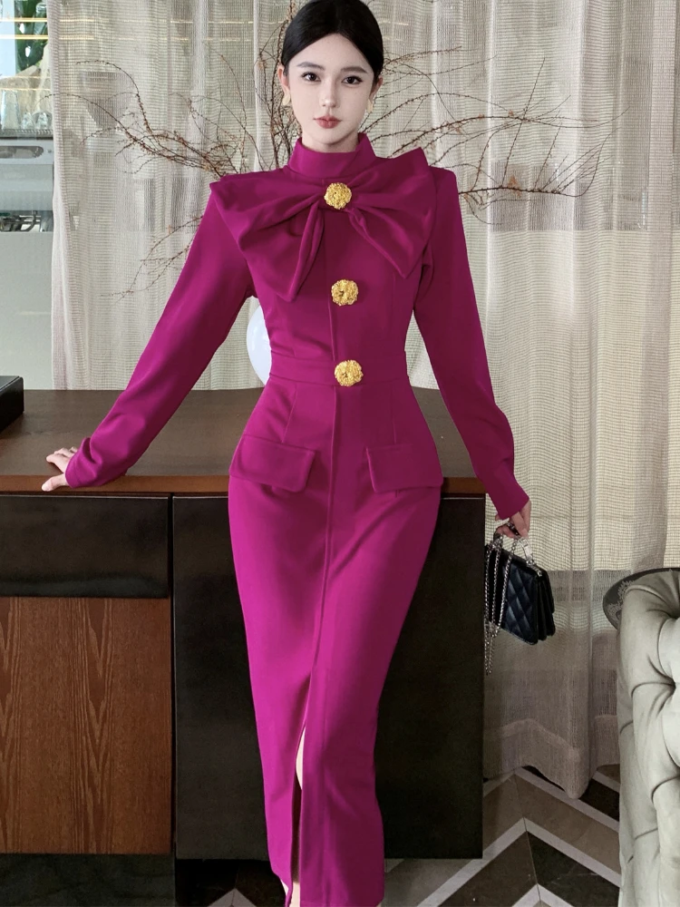 Korea Retro Elegant Bow Stand Collar Single Breasted A-Line Long Sleeve Casual High Waist Women Spring Autumn Dress
Korea Retro Elegant Bow Stand Collar Single Breasted A-Line Long Sleeve Casual High Waist Women Spring Autumn Dress