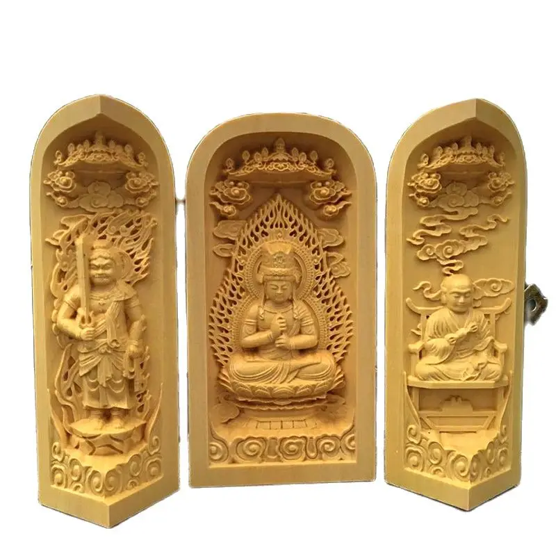 

Wood Carvings of Buddha Statues of the West Saha, Three Saint Guanyin, off the public, Three Open Box, Wooden Crafts Decoration