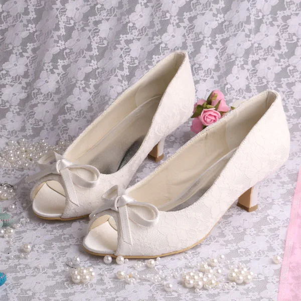 

Wedopus Ivory White Lace Pumps Court Open Toe Womens Bridal Shoes Low Heeled
