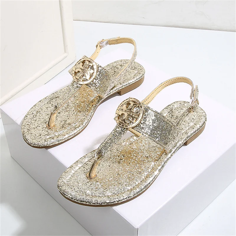 

New 2023 Women's Sequin Bow Fashion Low Heel Roma Shoes Casual Beach Outdoor Flip Flop Sandals Metal Decoration Ladies Flat