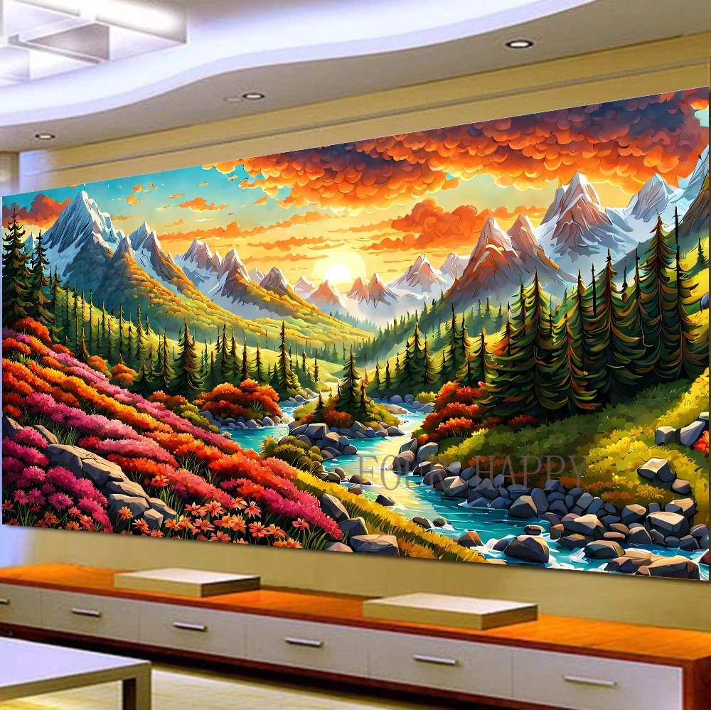 

Алмазная живопись 5D «сделай сам», большая Настенная картина с изображением цветных гор, реки, леса, пейзажа, полное круглое сверло, вышивка, домашний декор