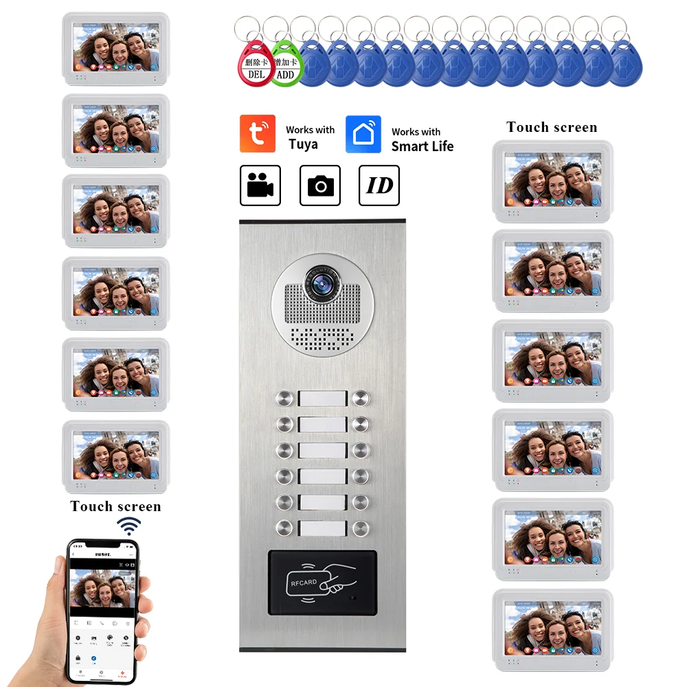

New AHD 1080p 7 Inch Tuya Wifi Video Intercom for 2~12 Unit Apartments with with ID Card / APP Unlock Doorbell Camera Systerm