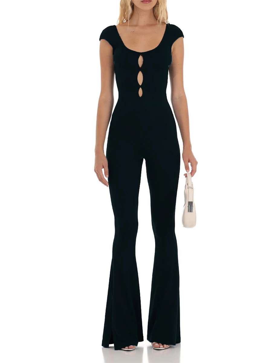 

Women's Tight Full-Length Jumpsuit Solid Color Cutout Front Cap Sleeve Backless Front Slit Flare Pants Playsuit Clubwear S-XL