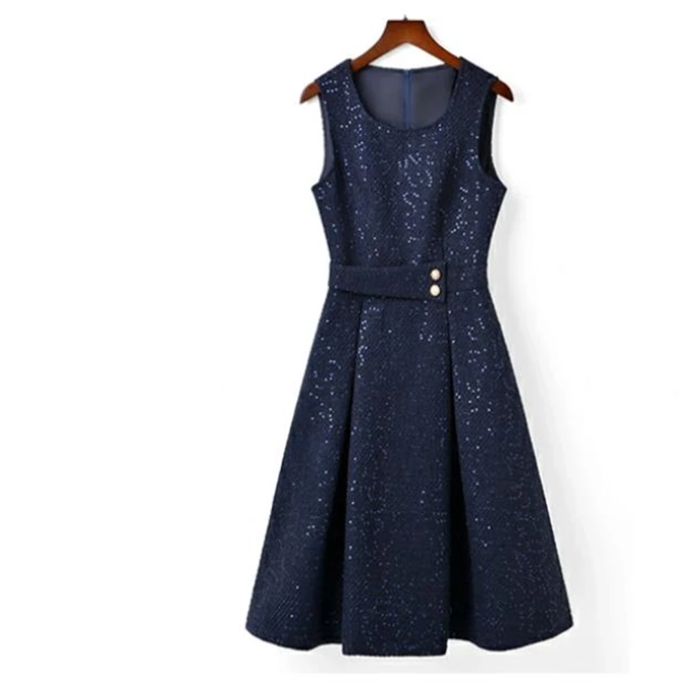 

Elegant Basics Classic Formal Dress Skirt Fall Woman Dress Tweed Sleeveless Navy Blue O-neck Knee-Length A-line Cascading Ruffle