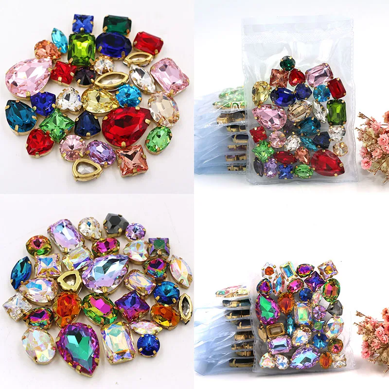 

Clothing Accessories 30Pcs/Bag Mix Shape High-Quality Glass Crystal Rhinestones Golden Sewing Claw Setting DIY Handmade