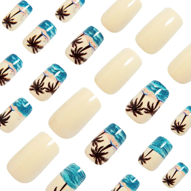 24PCS Summer Ocean Press on Nails Romantic Sunset with Coconut Tree Patterns Glitter French Fake Nails Fashionable Square Nails 14 S2f6cd51dcae74e6db5292cc69ce2981b6
