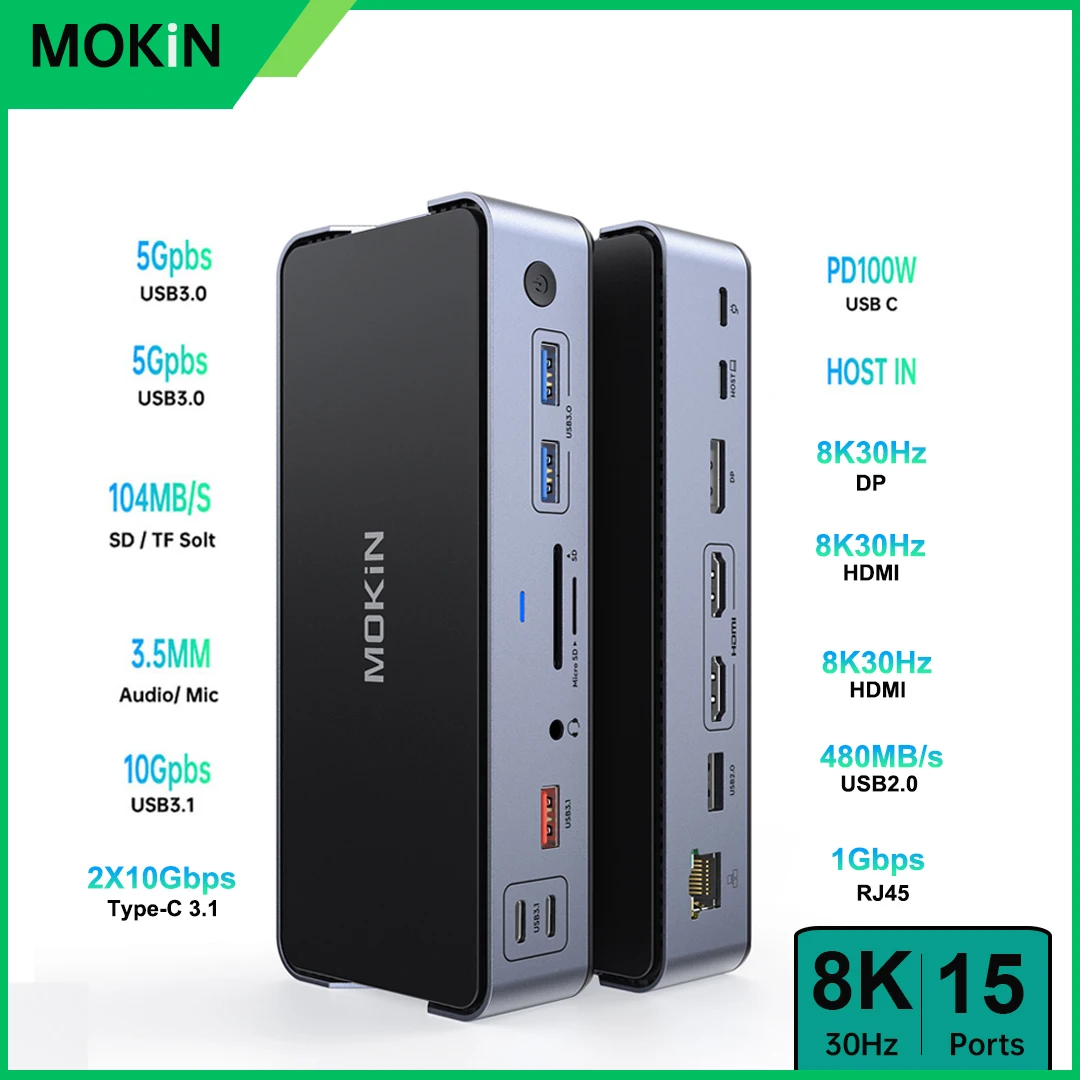 

Док-станция MOKiN USB C 2HDMI DP USB 3,1 10 Гбит/с SD/TF RJ45 аудио PD 100 вт адаптер для Macbook Mac iPad ноутбука 8K 30 Гц usb-концентратор