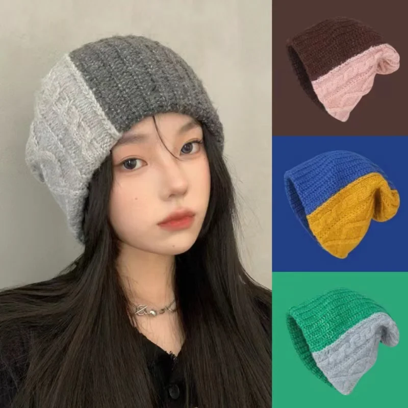 

New Color Blocking Beanies Hat Warm Ear Protection Pile Cap Autumn and Winter Korean Versatile Fashion Knitted Women's Hats