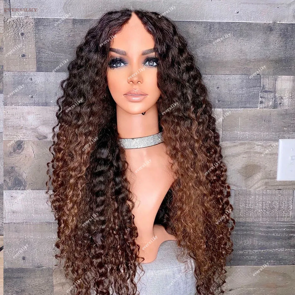 

Ombre Chestnut Brown Kinky Curly V Part Wigs 100% Human Hair Unprocessed Highlight Blonde Water Wave Glueless Full U Shape Wig