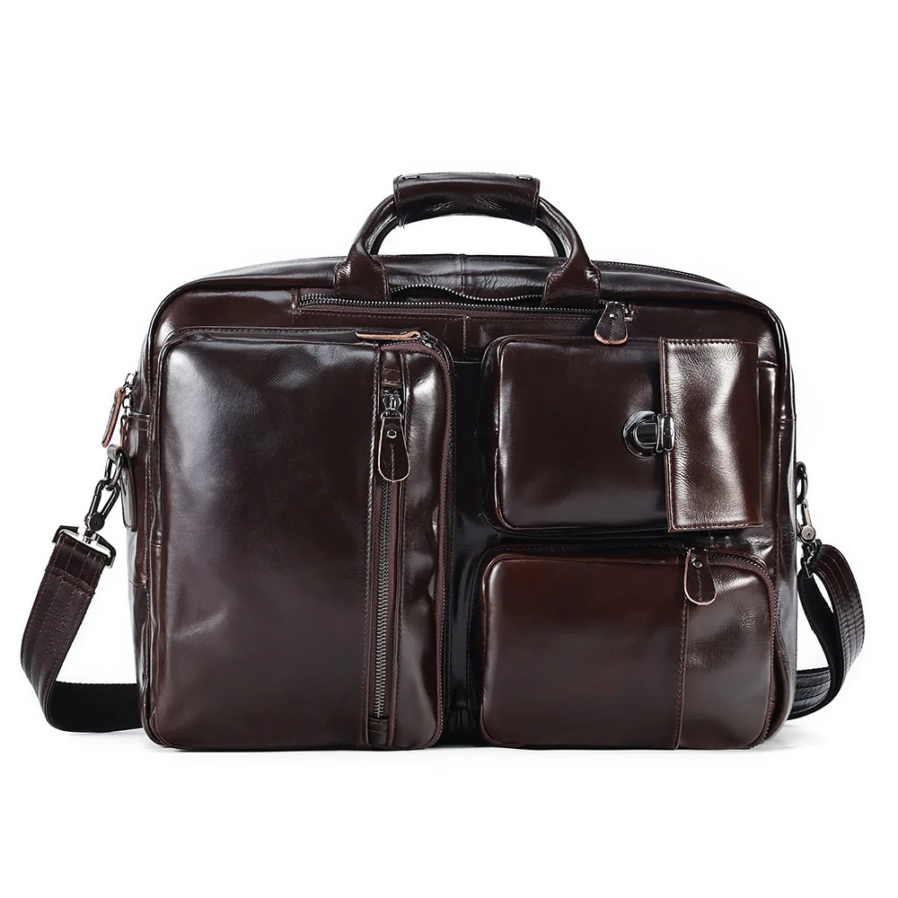 

Genuine Leather 17.3" Laptop Backpack Men Multi Pockets Casual School Daypack Travel Rucksack Multifunctional Briefcase