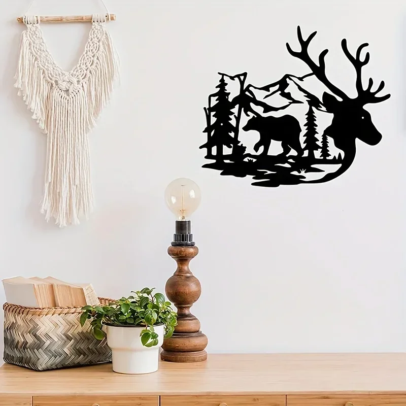 

CIFBUY Deco Wild Animal Wall Hanging Decor Deer Bear in The Forest Pine Tree Metal Hanging Sign Wall Art Living Room Office Home