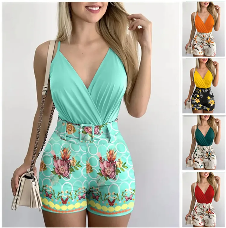 

Women Tropical Print Bowknot Pocket Two Piece Shorts Sets Romper Combinaison Femme Overalls For Women 2023 Vetement Femme Summer