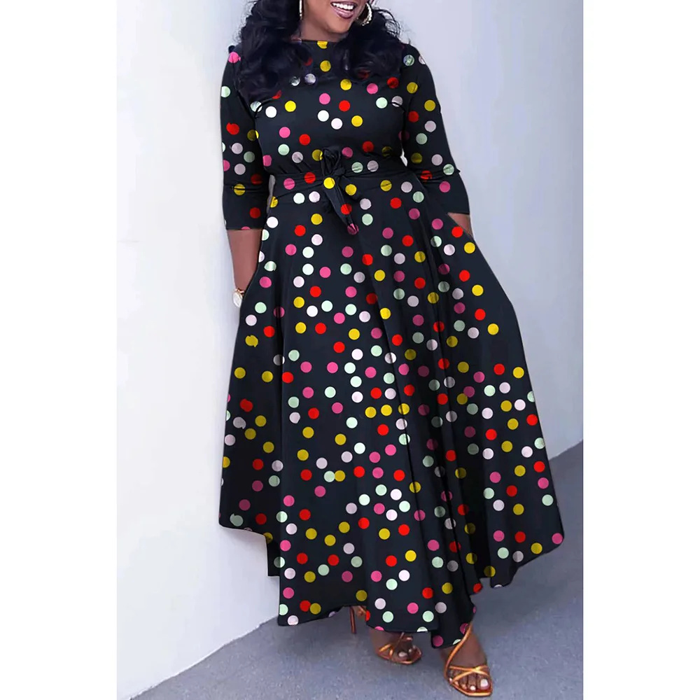 

Plus Size Semi Formal Maxi Dresses Casual Multicolor Polka Dot Fall Winter Crew Neck 3/4 Sleeve Knitted Maxi Dresses With Pocket