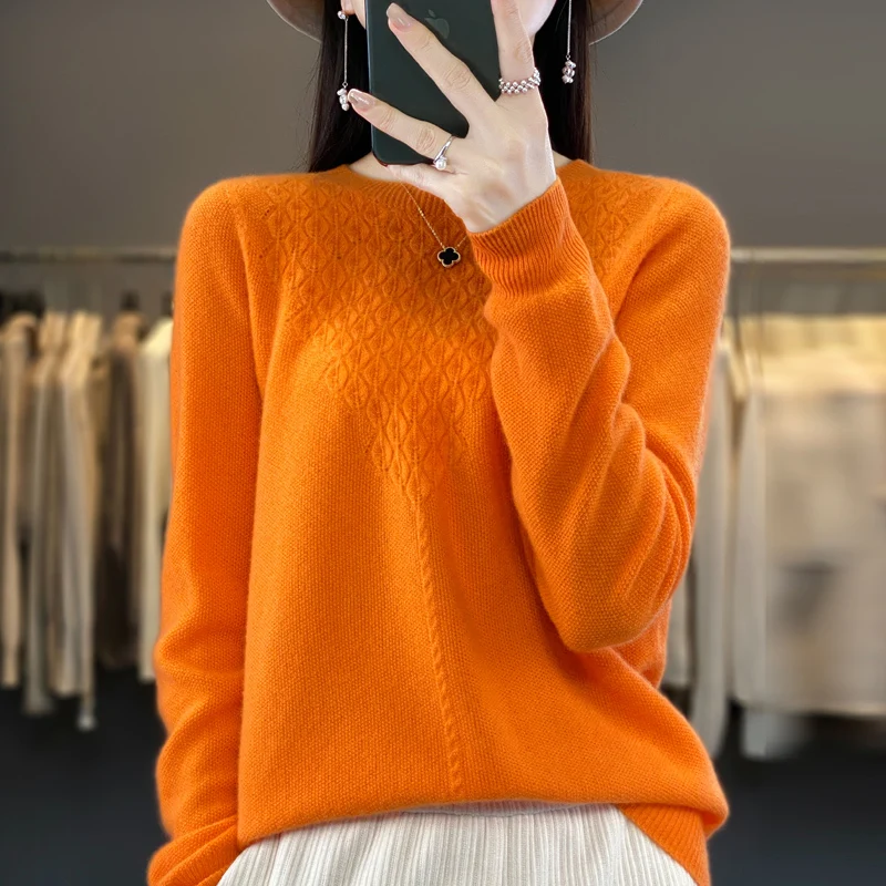 Autumn and winter new 100% pure sweater women's round neck knitted long sleeve solid color jacquard sweater pullover
Autumn and winter new 100% pure sweater women's round neck knitted long sleeve solid color jacquard sweater pullover