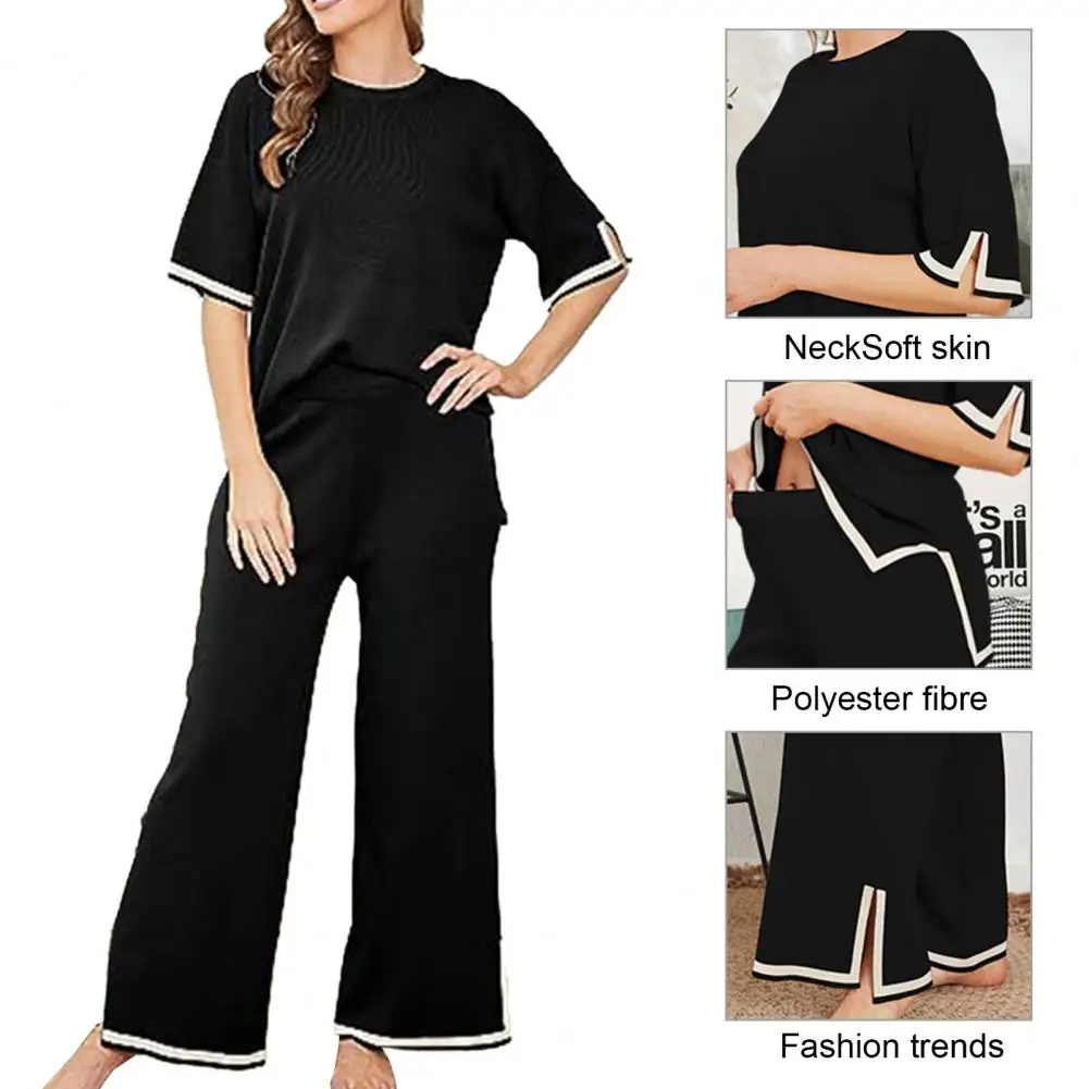 Female Solid Color Knit Outfit Chic Comfy Women's Knit Lounge Sets O-neck T-shirt High Waist Pants with Wide Legs Side Split
Female Solid Color Knit Outfit Chic Comfy Women's Knit Lounge Sets O-neck T-shirt High Waist Pants with Wide Legs Side Split