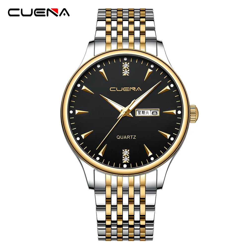 

CUENA Quartz Men Watch Calendar Date Day Week Watches Stainless steel Wristwatch 3ATM Waterproof Watches