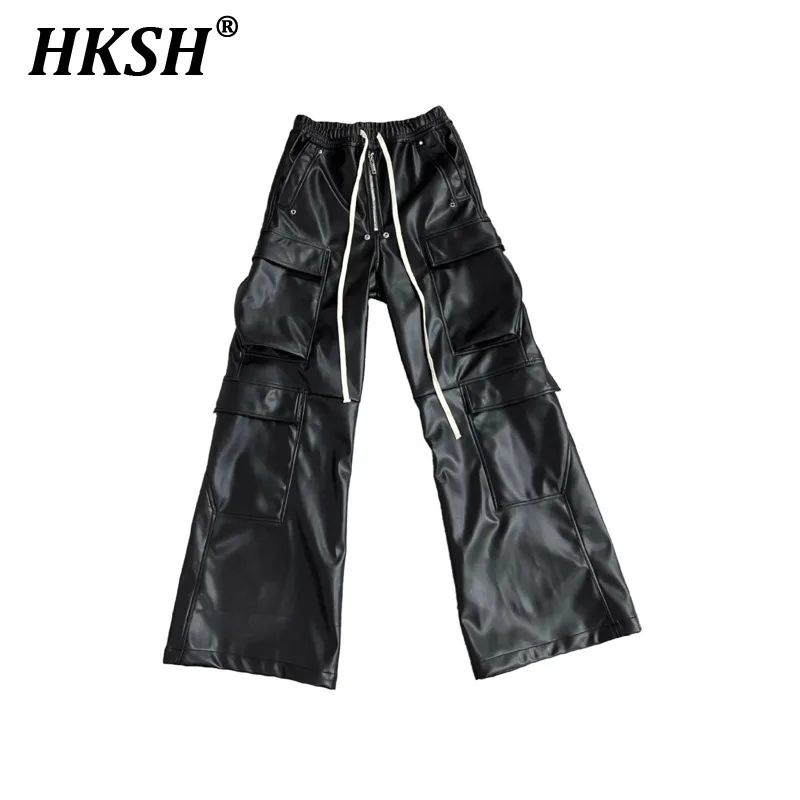 

HKSH RO Style Sheepskin Dark Multi Pockets Workwear Straight Casual Pants Drawstring Flared Wide Leg Trousers Men Women HK0846