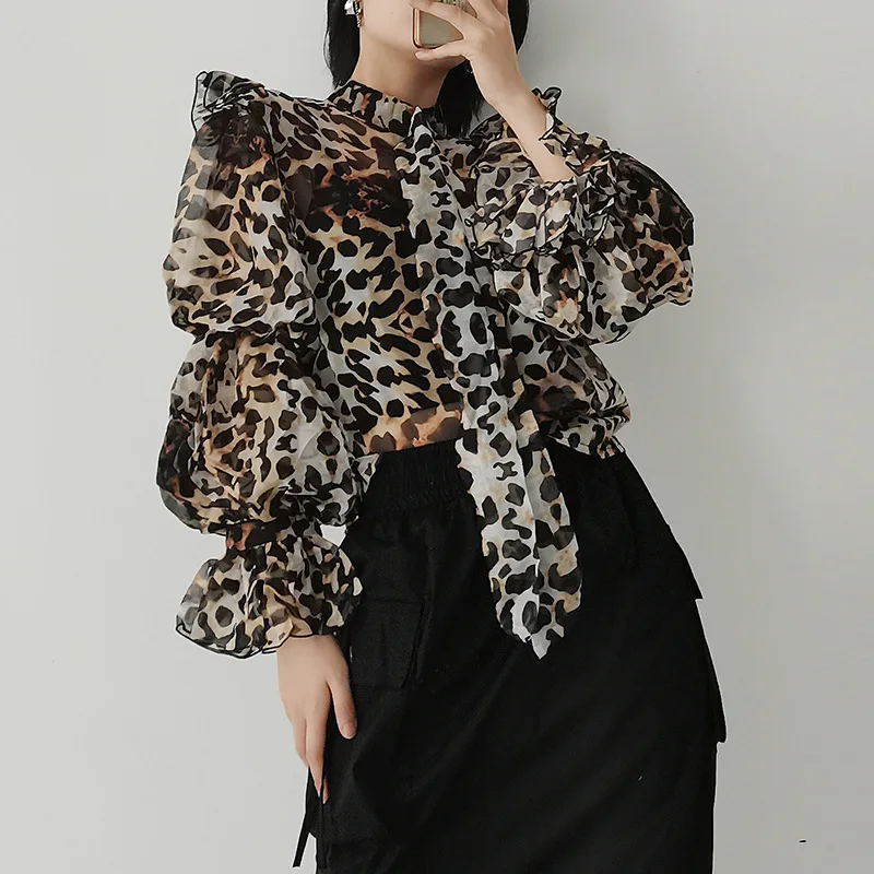 

2024 Spring New Fashionable And Elegant Commuter Style Leopard Print Lantern Sleeve Lace Up Long Sleeved Shirt Standing Neck Top