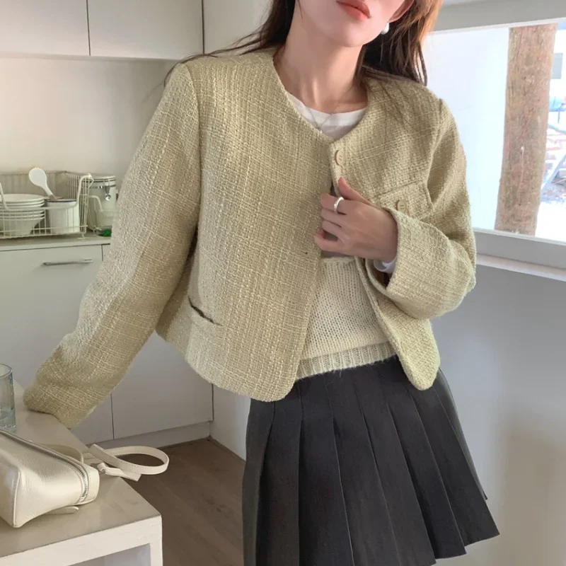 

Small Fragrance O Neck Casual Women Jacket Fashion Korea Chic Single-breasted Joker Yellow French Long Sleeve Tweed Coat Spring