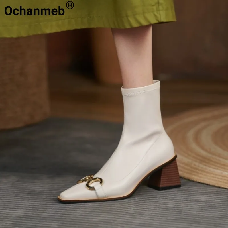 Ochanmeb Women Stretch Leather Short Boots Brand Metal Chain Chunky Wooden Heeled Boots Winter Woman Square Toe Slip-on Shoes 43 
Ochanmeb Women Stretch Leather Short Boots Brand Metal Chain Chunky Wooden Heeled Boots Winter Woman Square Toe Slip-on Shoes 43