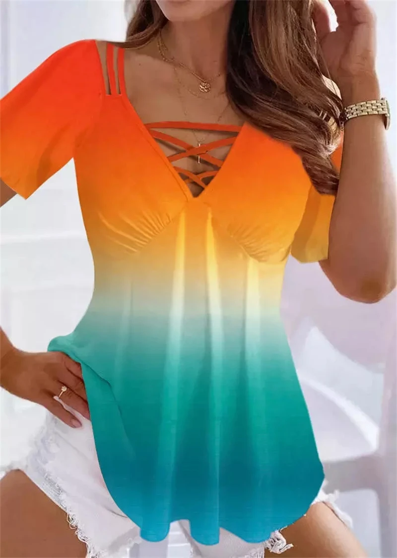 Women Gradient Criss-Cross Hollow Out Blouse Luxury T Shirts Print Short Sleeve V-neck Tops Summer Fashion Casual Girls Pullover
Women Gradient Criss-Cross Hollow Out Blouse Luxury T Shirts Print Short Sleeve V-neck Tops Summer Fashion Casual Girls Pullover