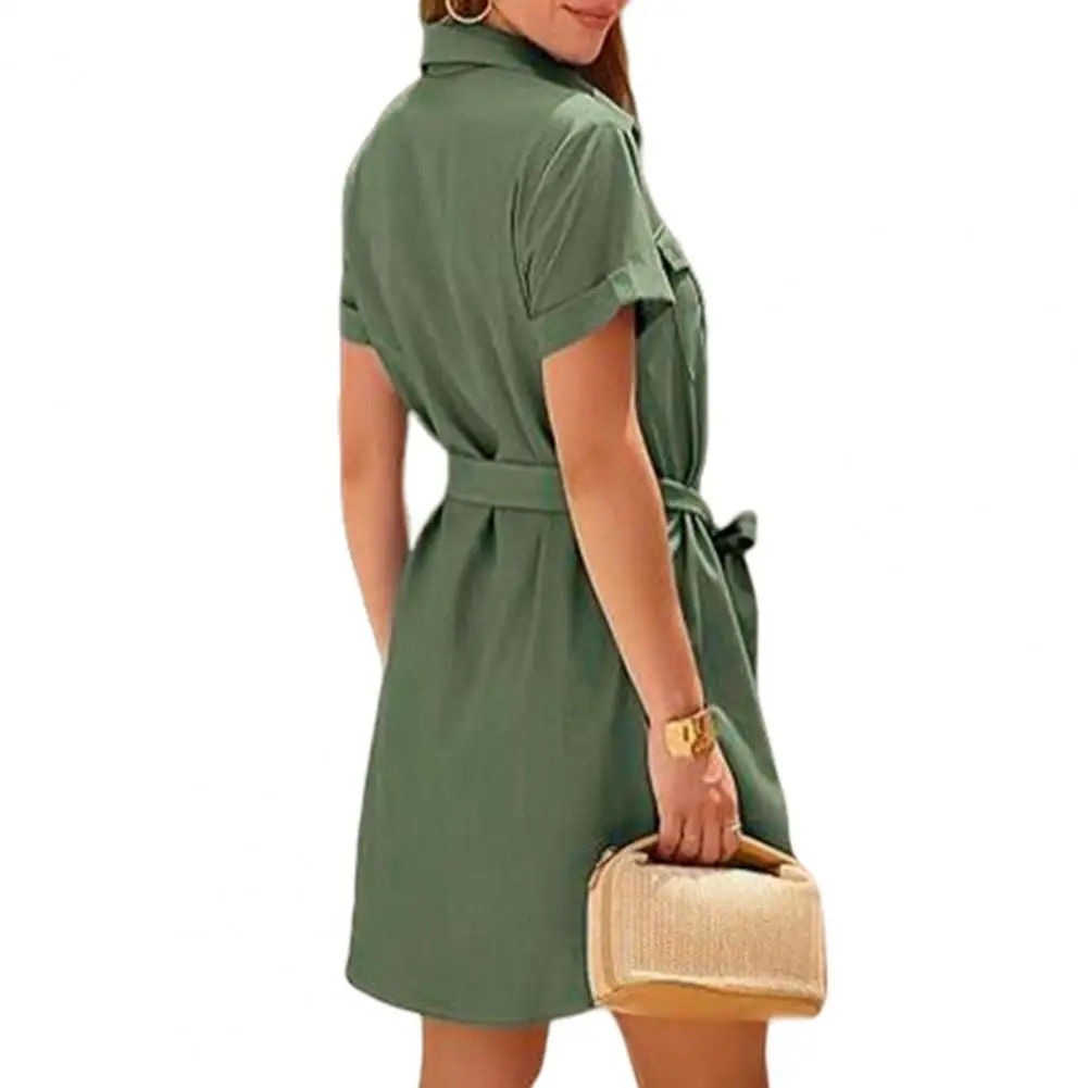 

Solid Color Shirt Dress Stylish Women's Button Down Shirt Dress with Belted V Neck Pockets Casual Summer Streetwear for A