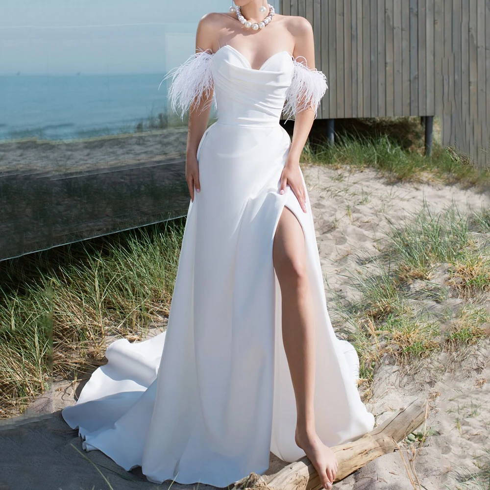 

Sexy A-Line Side Slit Wedding Dress with Pleat Sweetheart Off the Shoulder Feathers Short Sleeves Bridal Floor Length Gowns