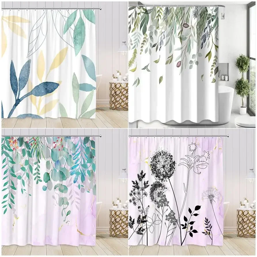 

Hand Painted Leaves Shower Curtain Set Watercolor Plant Leaf Black Dandelion Simple Polyester Bathroom Decor Curtains with Hooks