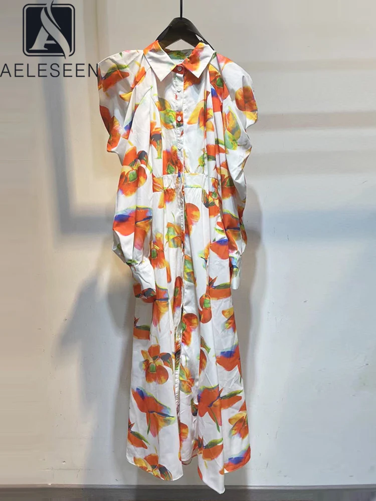 

AELESEEN Runway Fashion Long Dress For Women Spring Autumn Puff Sleeve Hollow Out Draped With Belt Flower Print Elegant Party