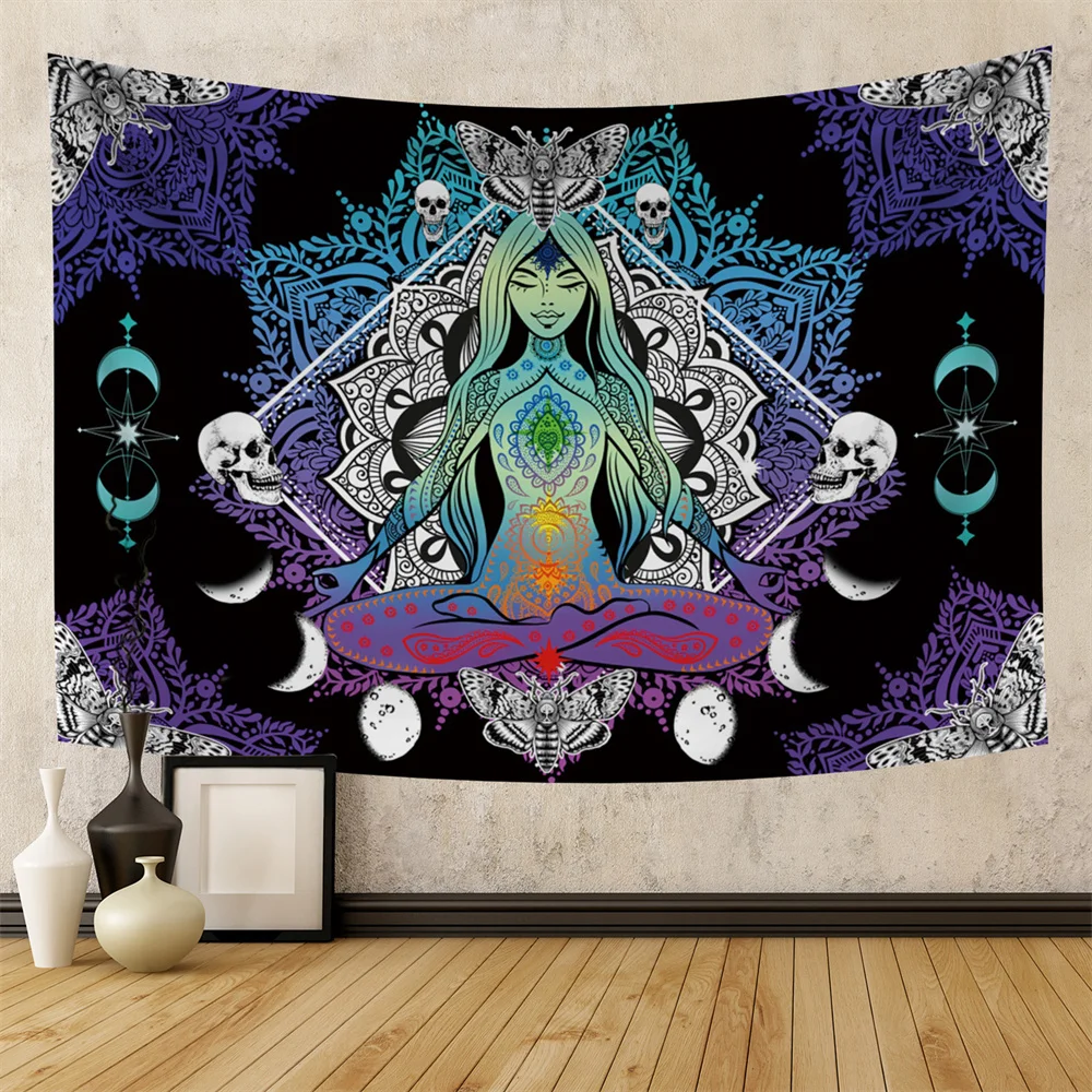 

Psychedelic Skull Chakra Mandala Painted Tapestry Flower Mushroom Wall Hanging Hippie Room Carpet Decor Dorm Home Art Decoration