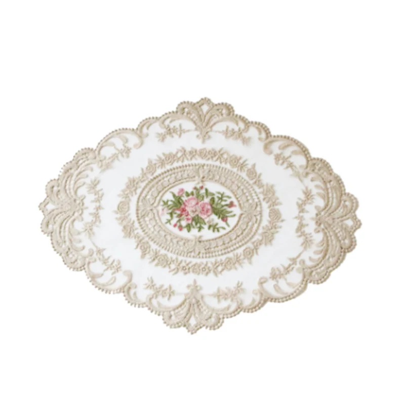 

European Oval Embroidered Lace Fabric Transparent Placemat Coaster Coffee Table Mat Furniture Cover Cloth