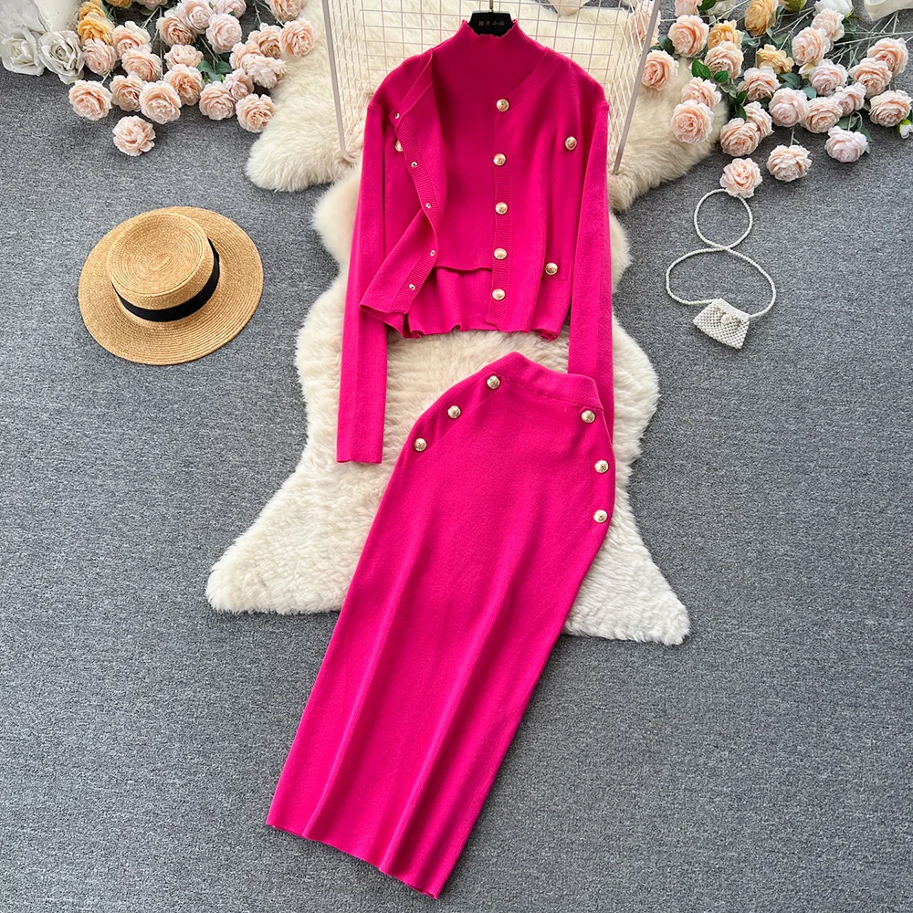 

Croysier Autumn Winter Clothes 2023 Knit 3 Piece Set For Women Button Up Cardigan + Cropped Vest + Pencil Midi Skirt Co Ord Sets