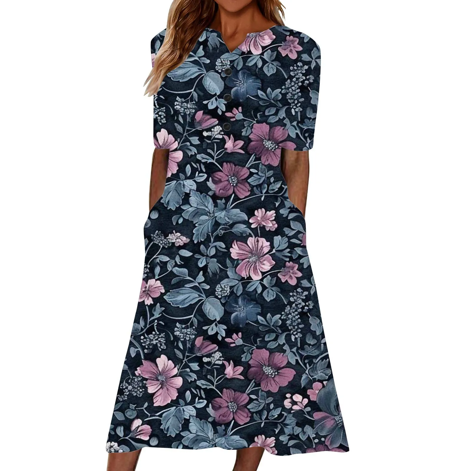 

Women's Summer Casual Printed V-Neck Short-Sleeve Swing Dress ropa de mujer barata y envío gratis ofertas "roupas feminina "