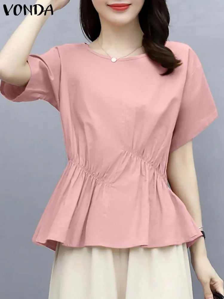 

Fashion Tops 2024 VONDA Women Elegant Solid Color Shirts Summer Short Sleeve Blouse Sexy O Neck Tunic Casual Blusas Baggy