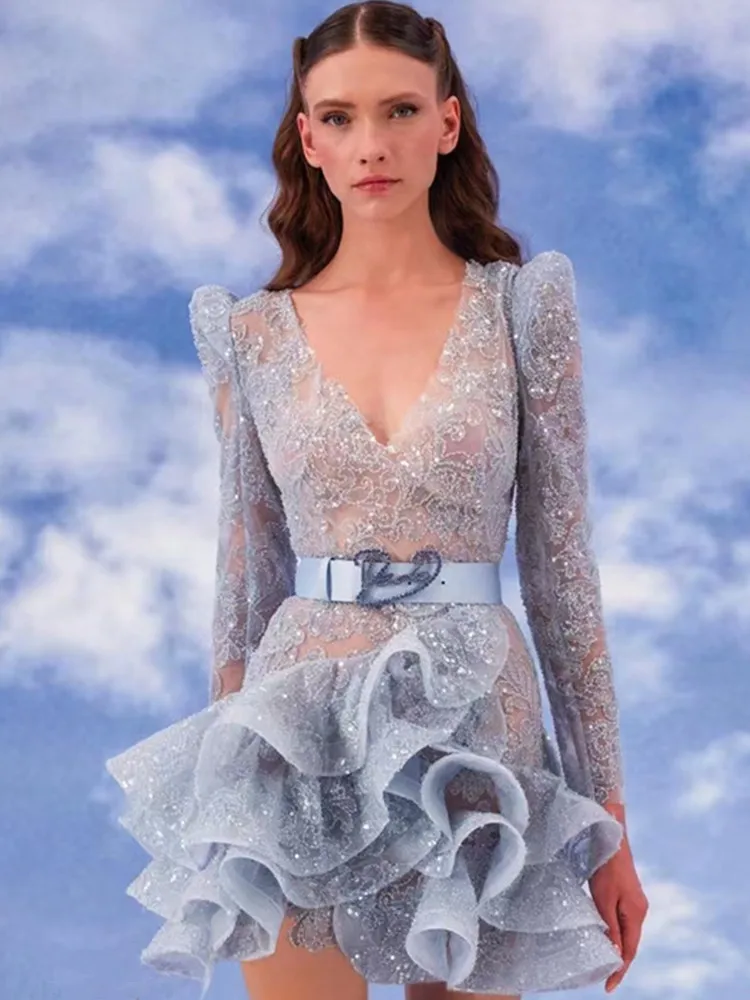 Women Summer Luxury Sexy Deep V Neck Long Sleeve Ruffles Blue Diamonds Mini Bodycon Dress 2022 Elegant Evening Club Party Dress
Women Summer Luxury Sexy Deep V Neck Long Sleeve Ruffles Blue Diamonds Mini Bodycon Dress 2022 Elegant Evening Club Party Dress