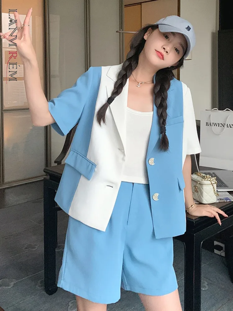 

LANMREM Women Casual Set Notched Contrast Color Short Sleeves Single Breasted Blazers With Loose Shorts 2024 Summer New 2Z1077