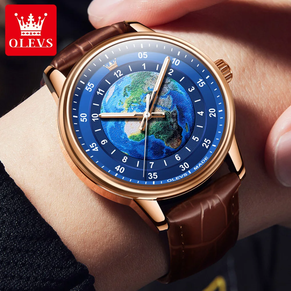 

OLEVS New In Quartz Watch for Men Fashion Leather Strap Earth Element Dial Blue Planet Men's Watches Luxury Brand Man Wristwatch