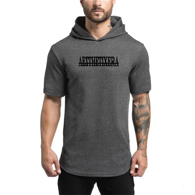

Gym Bodybuilding Slim Fit Hooded Sportswear Men Short Sleeve Fitness Workout Muscle Shirt Breathable Running Sport Cotton TShirt