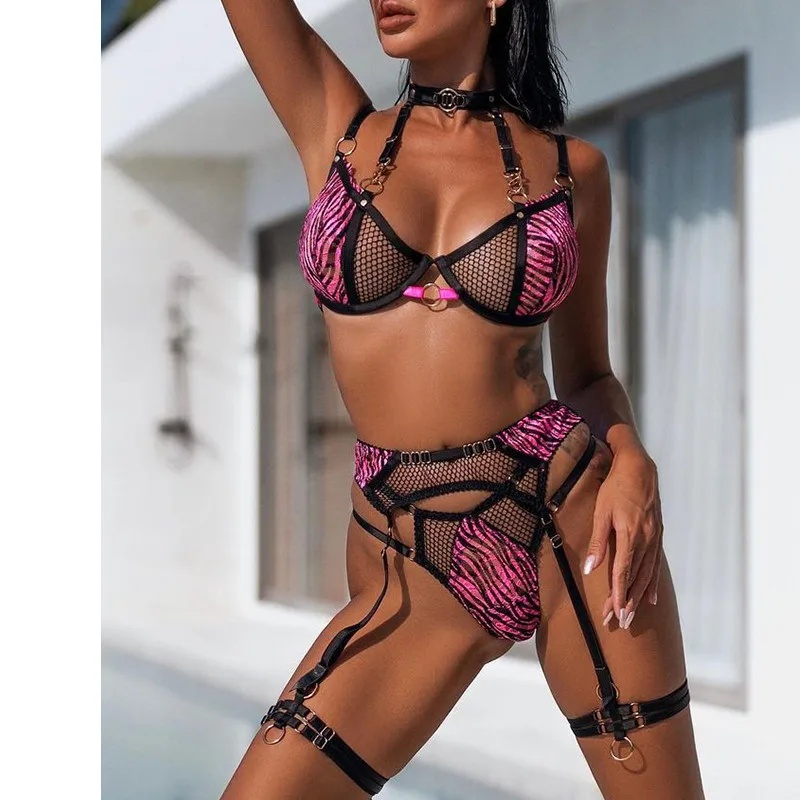 

Zebra Lingerie Fancy Lace Underwear See Through Halter Bra Delicate Intimate Luxury Sexy Outfits Garters Brief Set rose