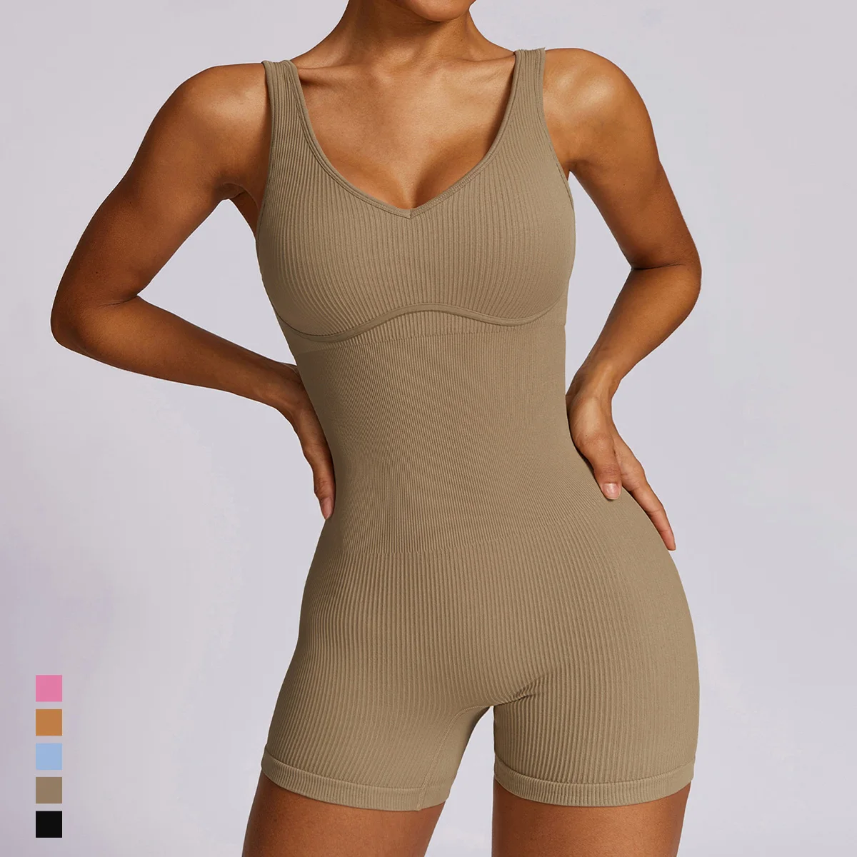 

Yoga One Piece Sportswear Jumpsuits Tummy Control Seamless Bodysuit Sexy Backless Ribbed Fitness Short Bodysuit Romper Fashion