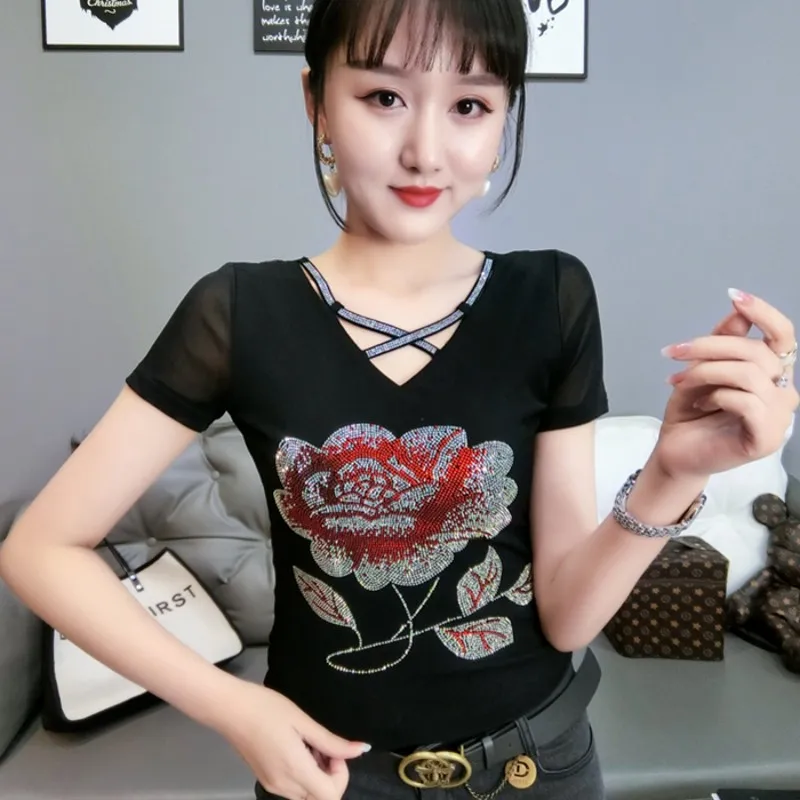 

Высококачественная летняя Корейская одежда, футболка, модные женские топы со стразами, сексуальные элегантные футболки с коротким рукавом