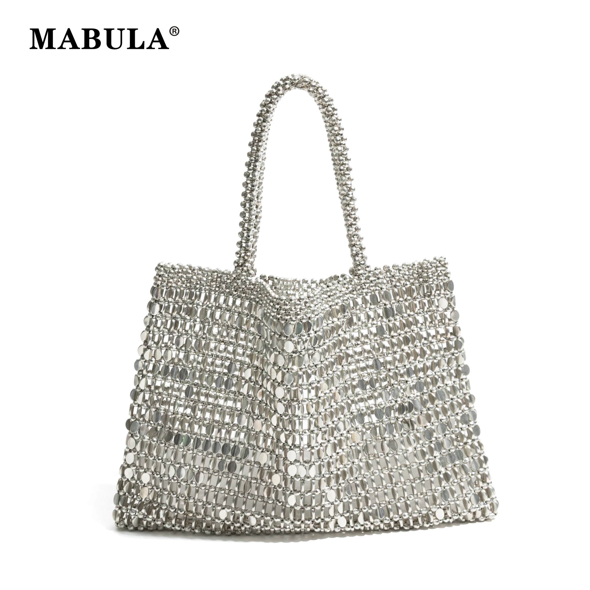 

MABULA Hollow Out Beaded Fashion Woman Tote Handbag Square Bling Shine Evening Party Top Handle Purse Glossy Shiny Female Bag