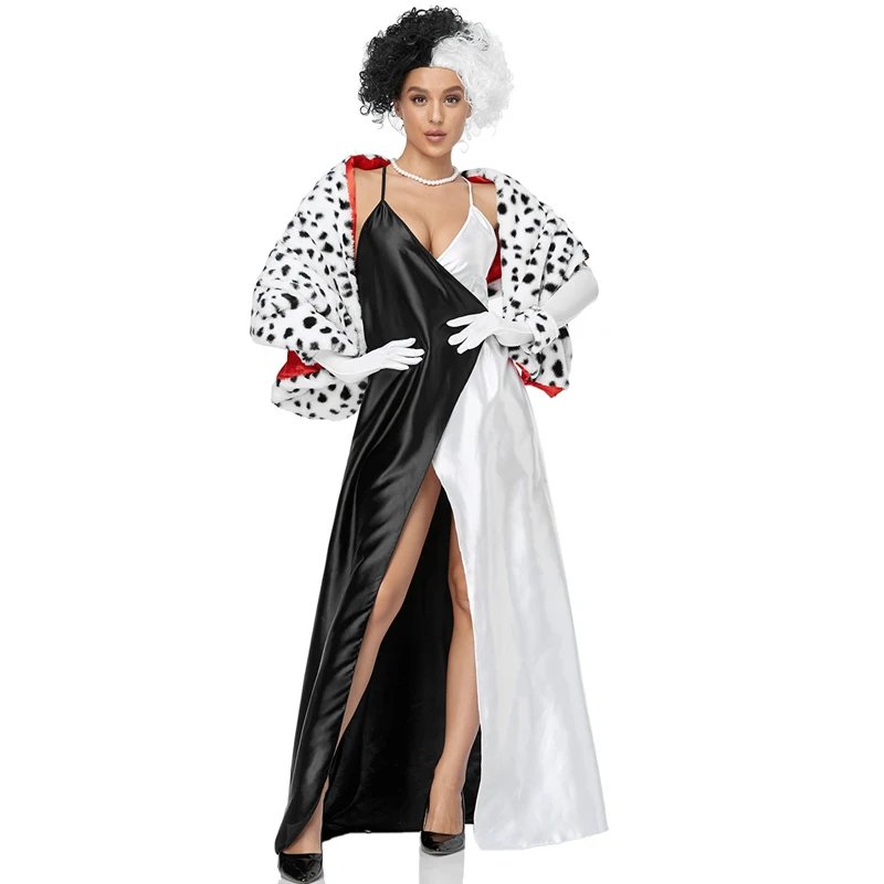 

Carnival Halloween Lady Deluxe Cruella Black White Queen Costume Club Play Suit Cosplay Fancy Party Dress