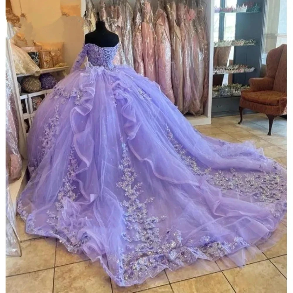 

ANGELSBRIDEP Glittering Lavender Quinceanera Dress Ball Gown Flower Beading Lace Birthday Party Prom Vestidos De 15 Anos Corset