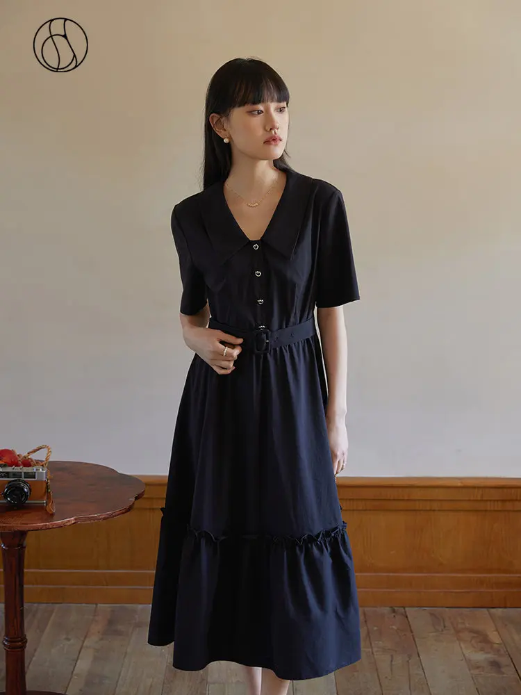 

DUSHU Office Lady French V-Neck Lace Up Waist Up Dress Summer 2023 New Pear Shaped Slim Hepburn Style Small Black Dress