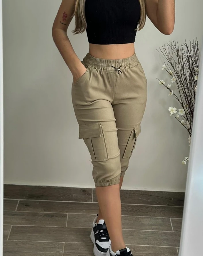

Women Cargo Pants 2024 Spring Summer Casual Simple Basic Versatile Solid Color Pocket Design Cuffed Drawstring Knee-Length Pants