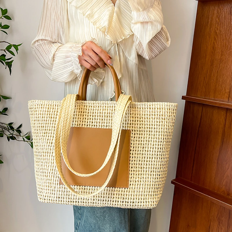 

Модная вместительная Плетеная соломенная сумка для женщин, простая пляжная сумочка на ремне из искусственной кожи для отпуска, дорожный тоут, 2024
