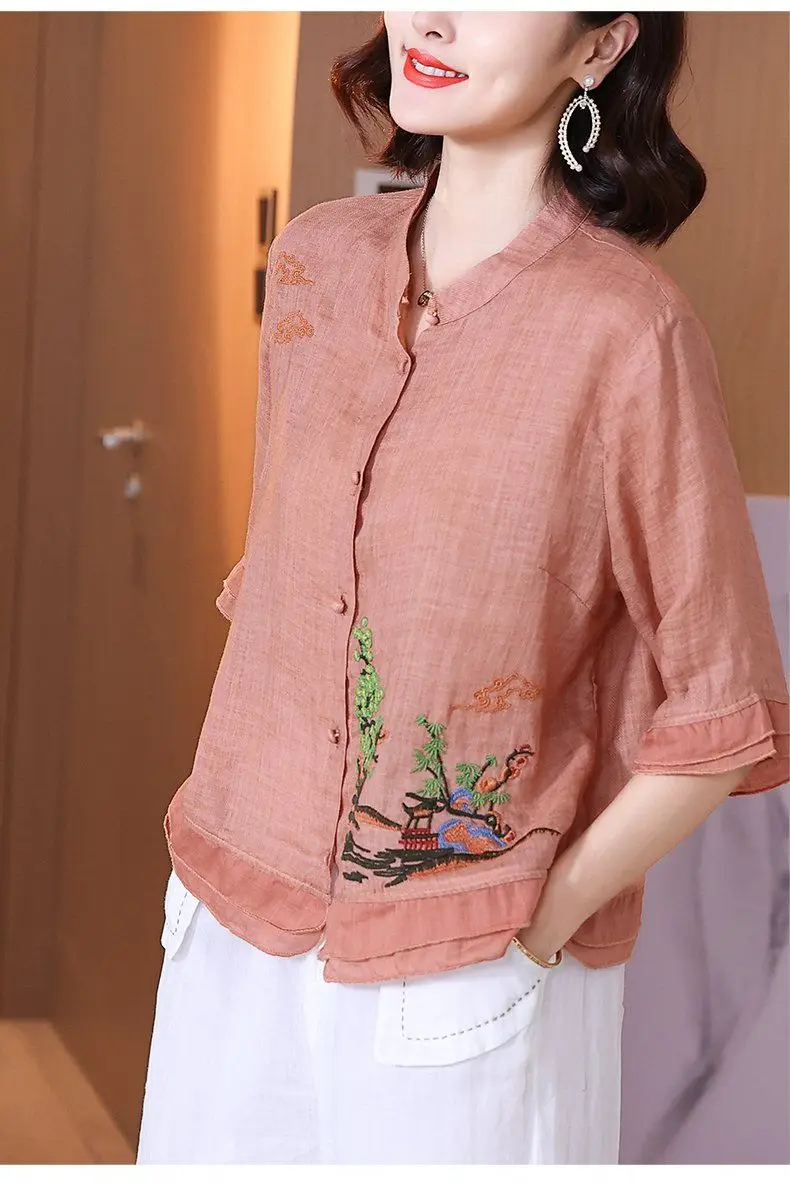 

Spring/Summer Fashion Button Embroidered Women's Short Sleeve Cardigan Solid Loose Relaxed Sweet Commuter Shirt ElegantTops L329